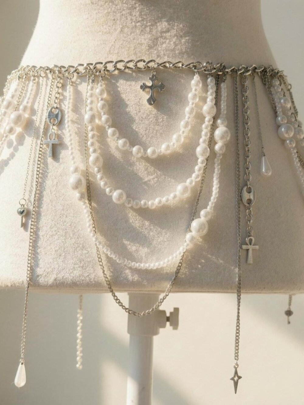 Y2K 2000s style faux pearl waist chain belt with cross and heart charms